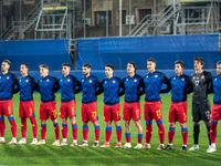 The Andorra players form during the UEFA Nations League 2024 - League phase - Matchday 4 match between Andorra and Moldova at Estadi Naciona...