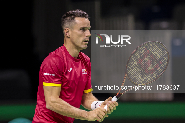 Roberto Bautista of Spain participates in a training session in preparation for the Davis Cup tie against the Netherlands at Palacio de los...