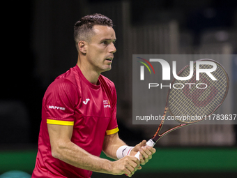 Roberto Bautista of Spain participates in a training session in preparation for the Davis Cup tie against the Netherlands at Palacio de los...