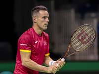 Roberto Bautista of Spain participates in a training session in preparation for the Davis Cup tie against the Netherlands at Palacio de los...