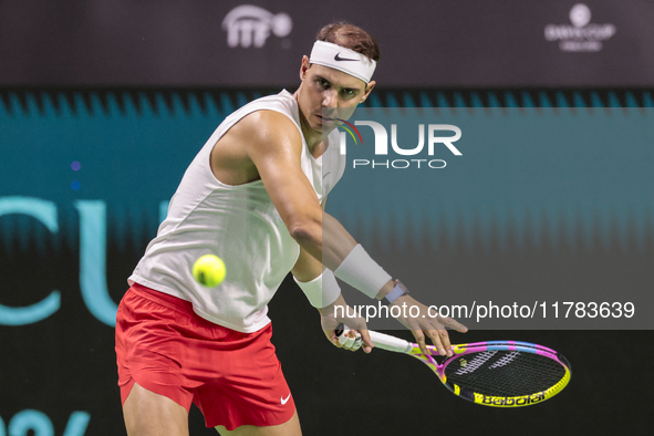 In Malaga, Spain, on November 16, 2024, Rafael Nadal of Spain plays a forehand during a Spain training session in preparation for the Davis...