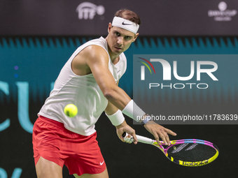 In Malaga, Spain, on November 16, 2024, Rafael Nadal of Spain plays a forehand during a Spain training session in preparation for the Davis...