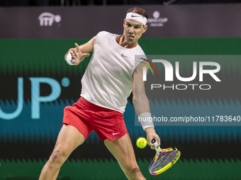 In Malaga, Spain, on November 16, 2024, Rafael Nadal of Spain plays a forehand during a Spain training session in preparation for the Davis...