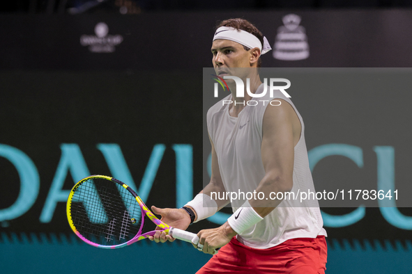 Rafael Nadal of Spain participates in a training session in preparation for the Davis Cup tie against the Netherlands at Palacio de los Depo...