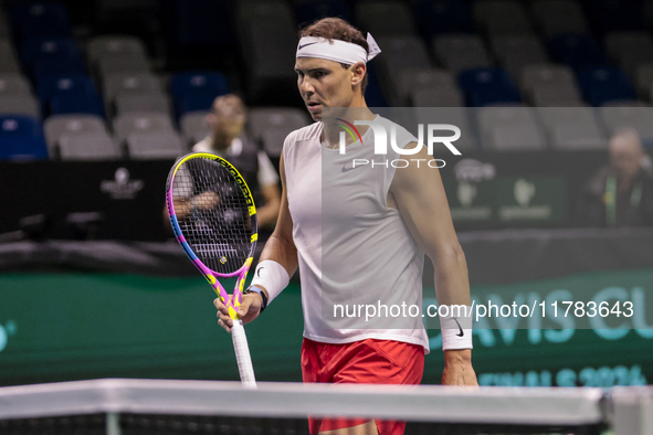 Rafael Nadal of Spain participates in a training session in preparation for the Davis Cup tie against the Netherlands at Palacio de los Depo...