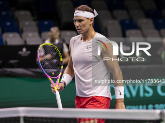 Rafael Nadal of Spain participates in a training session in preparation for the Davis Cup tie against the Netherlands at Palacio de los Depo...