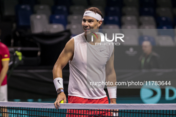 Rafael Nadal of Spain participates in a training session in preparation for the Davis Cup tie against the Netherlands at Palacio de los Depo...