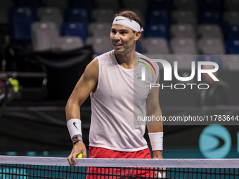 Rafael Nadal of Spain participates in a training session in preparation for the Davis Cup tie against the Netherlands at Palacio de los Depo...