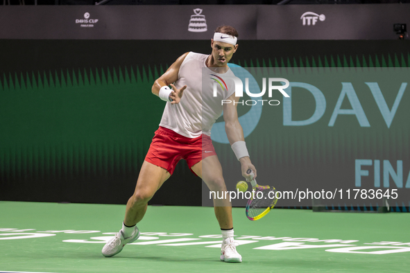 In Malaga, Spain, on November 16, 2024, Rafael Nadal of Spain plays a forehand during a Spain training session in preparation for the Davis...