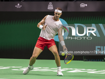 In Malaga, Spain, on November 16, 2024, Rafael Nadal of Spain plays a forehand during a Spain training session in preparation for the Davis...