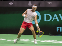 In Malaga, Spain, on November 16, 2024, Rafael Nadal of Spain plays a forehand during a Spain training session in preparation for the Davis...