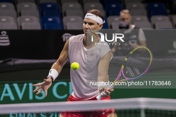 In Malaga, Spain, on November 16, 2024, Rafael Nadal of Spain plays a forehand during a Spain training session in preparation for the Davis...