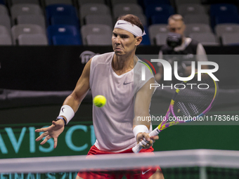 In Malaga, Spain, on November 16, 2024, Rafael Nadal of Spain plays a forehand during a Spain training session in preparation for the Davis...