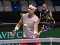 In Malaga, Spain, on November 16, 2024, Rafael Nadal of Spain plays a forehand during a Spain training session in preparation for the Davis...