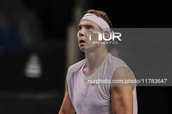 Rafael Nadal of Spain participates in a training session in preparation for the Davis Cup tie against the Netherlands at Palacio de los Depo...