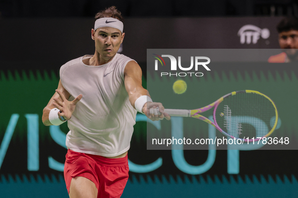 In Malaga, Spain, on November 16, 2024, Rafael Nadal of Spain plays a forehand during a Spain training session in preparation for the Davis...