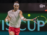 In Malaga, Spain, on November 16, 2024, Rafael Nadal of Spain plays a forehand during a Spain training session in preparation for the Davis...