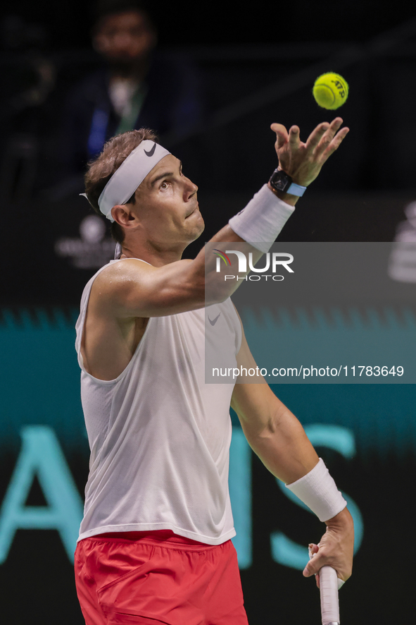 Rafael Nadal of Spain participates in a training session in preparation for the Davis Cup tie against the Netherlands at Palacio de los Depo...