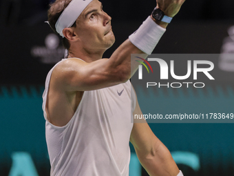 Rafael Nadal of Spain participates in a training session in preparation for the Davis Cup tie against the Netherlands at Palacio de los Depo...