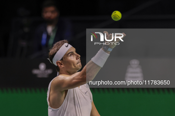 Rafael Nadal of Spain participates in a training session in preparation for the Davis Cup tie against the Netherlands at Palacio de los Depo...