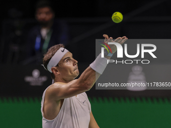 Rafael Nadal of Spain participates in a training session in preparation for the Davis Cup tie against the Netherlands at Palacio de los Depo...