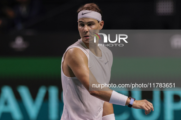 Rafael Nadal of Spain participates in a training session in preparation for the Davis Cup tie against the Netherlands at Palacio de los Depo...