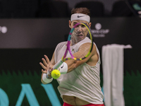 In Malaga, Spain, on November 16, 2024, Rafael Nadal of Spain plays a forehand during a Spain training session in preparation for the Davis...