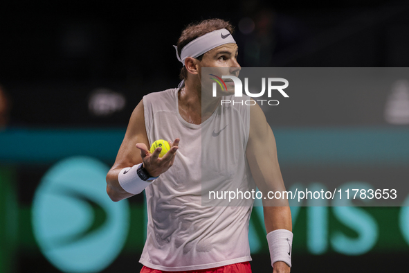 Rafael Nadal of Spain participates in a training session in preparation for the Davis Cup tie against the Netherlands at Palacio de los Depo...