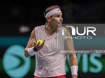 Rafael Nadal of Spain participates in a training session in preparation for the Davis Cup tie against the Netherlands at Palacio de los Depo...