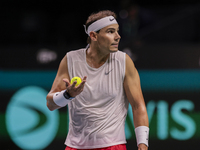 Rafael Nadal of Spain participates in a training session in preparation for the Davis Cup tie against the Netherlands at Palacio de los Depo...