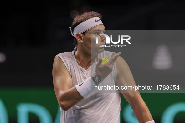 Rafael Nadal of Spain participates in a training session in preparation for the Davis Cup tie against the Netherlands at Palacio de los Depo...