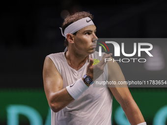 Rafael Nadal of Spain participates in a training session in preparation for the Davis Cup tie against the Netherlands at Palacio de los Depo...