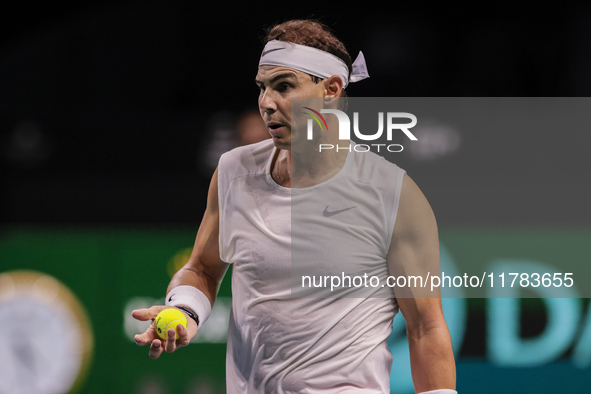 Rafael Nadal of Spain participates in a training session in preparation for the Davis Cup tie against the Netherlands at Palacio de los Depo...