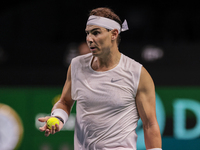 Rafael Nadal of Spain participates in a training session in preparation for the Davis Cup tie against the Netherlands at Palacio de los Depo...