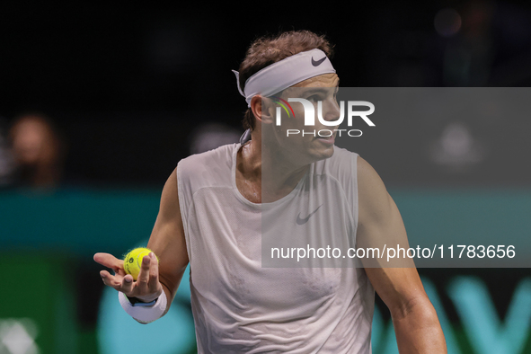 Rafael Nadal of Spain participates in a training session in preparation for the Davis Cup tie against the Netherlands at Palacio de los Depo...