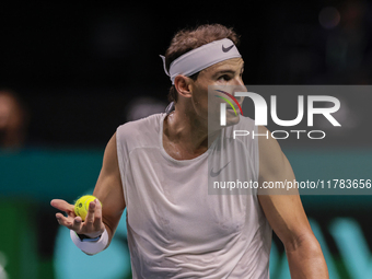 Rafael Nadal of Spain participates in a training session in preparation for the Davis Cup tie against the Netherlands at Palacio de los Depo...