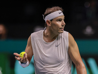 Rafael Nadal of Spain participates in a training session in preparation for the Davis Cup tie against the Netherlands at Palacio de los Depo...