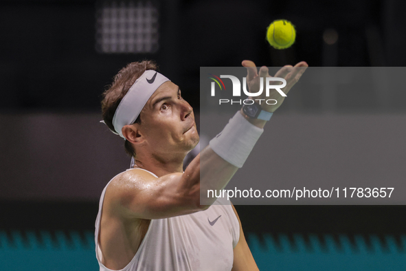 Rafael Nadal of Spain participates in a training session in preparation for the Davis Cup tie against the Netherlands at Palacio de los Depo...