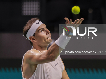 Rafael Nadal of Spain participates in a training session in preparation for the Davis Cup tie against the Netherlands at Palacio de los Depo...