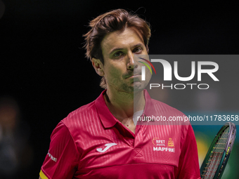 David Ferrer, captain of Spain, participates in a training session in preparation for the Davis Cup tie against the Netherlands at Palacio d...