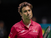 David Ferrer, captain of Spain, participates in a training session in preparation for the Davis Cup tie against the Netherlands at Palacio d...