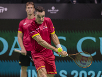 In Malaga, Spain, on November 16, 2024, Roberto Bautista of Spain plays backwards during a Spain training session in preparation for the Dav...