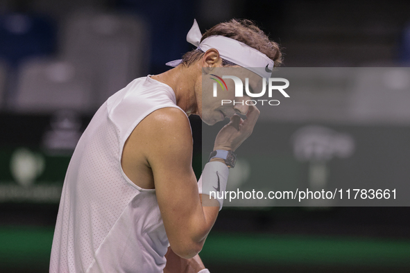 Rafael Nadal of Spain participates in a training session in preparation for the Davis Cup tie against the Netherlands at Palacio de los Depo...