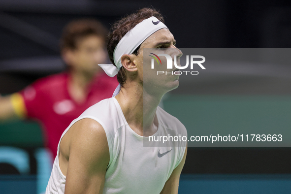 Rafael Nadal of Spain participates in a training session in preparation for the Davis Cup tie against the Netherlands at Palacio de los Depo...