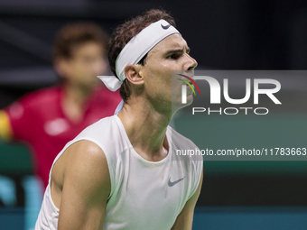 Rafael Nadal of Spain participates in a training session in preparation for the Davis Cup tie against the Netherlands at Palacio de los Depo...