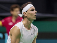 Rafael Nadal of Spain participates in a training session in preparation for the Davis Cup tie against the Netherlands at Palacio de los Depo...