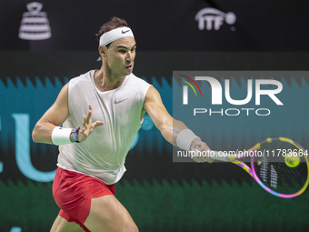 In Malaga, Spain, on November 16, 2024, Rafael Nadal of Spain plays a forehand during a Spain training session in preparation for the Davis...