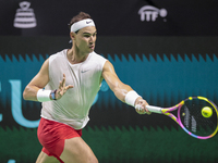 In Malaga, Spain, on November 16, 2024, Rafael Nadal of Spain plays a forehand during a Spain training session in preparation for the Davis...