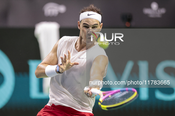 In Malaga, Spain, on November 16, 2024, Rafael Nadal of Spain plays a forehand during a Spain training session in preparation for the Davis...