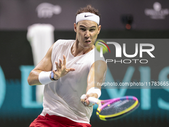 In Malaga, Spain, on November 16, 2024, Rafael Nadal of Spain plays a forehand during a Spain training session in preparation for the Davis...